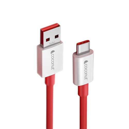Image of coconut C1 USB to Type C Fast Charging Cable 65W, 1M Red, Dash /Warp /VOOC /SuperDart Support, USB C Cable for OnePlus, Realme, Oppo, Vivo, Android Fast Charger Data Sync Cable - 6 Months Warranty