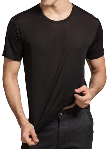 Mens Mulberry Silk T-Shirts Short Sleeve 100% Pure Silk Tee Shirts Breathable Workout Shirts Crew Neck Undershirt Top