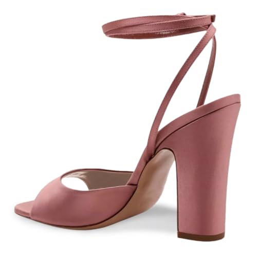 FOWT Women Open Square Toe Satin Sandals Ankle Strap Chunky High Heels Graceful Evening Party Dressy Shoes Size 4-16 US3