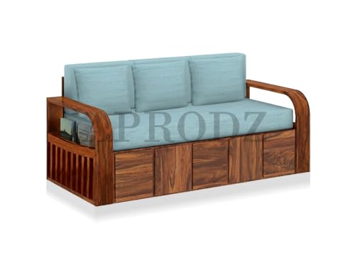 Image of APRODZ Sheesham Wood Sofa Cum Bed, 3 Seater, Honey Finish, Blue Upholstery (75 x69 x30 Inch)