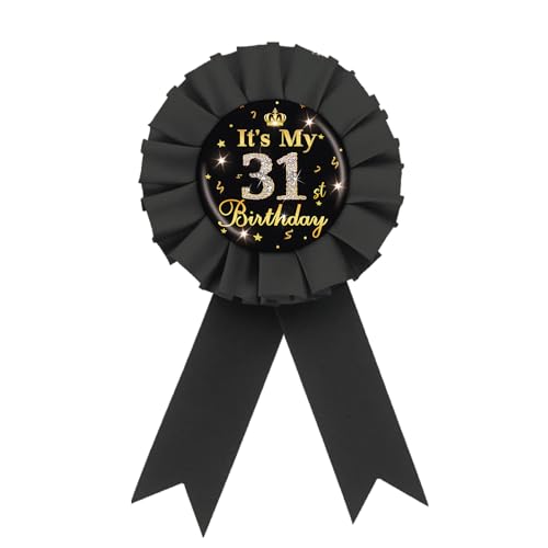 Image of It's My 31st Birthday Tinplate Badge Pin, Gold Diamond Happy 31st Birthday Button Pin, Thirty One Birthday Black Rosette Award Ribbon Pin for Women, Brooch Buttons for 31 Years Old Birthday Party Decoration