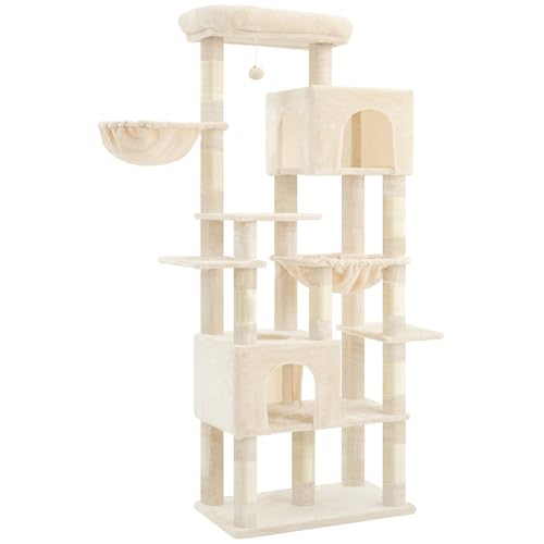 Image of Heybly Cat Tree, 76-Inch Tall Heavy Duty Cat Tower for Big Cats HCT039M | Multi-Level Large Cat Furniture with Extra Wide Baseboard, 2 Condos & 2 Hammocks, 10 Scratching Posts, Beige