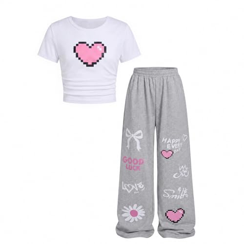 Image of Girls Clothes 2 Piece Cute Pixel Heart-Print Top Graffiti-Print Pants Sets | Trendy Y2K Inspired Outfit with Fitted Top and Wide Leg Bottoms, Casual Streetwear for Teens Girls 7-14Y