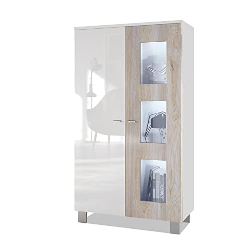 Vladon Vitrine Denjo, Made in Germany, Standvitrine mit 2 Türen und 3 Glaseinsätzen, Weiß matt/Weiß Hochglanz/Eiche Nordic inkl. LED-Beleuchtung (71 x 129 x 35 cm) Vladon Vitrine Denjo, Made in Germany, Standvitrine mit 2 Türen und 3 Glaseinsätzen, Weiß matt/Weiß Hochglanz/Eiche Nordic inkl. LED-Beleuchtung (71 x 129 x 35 cm)