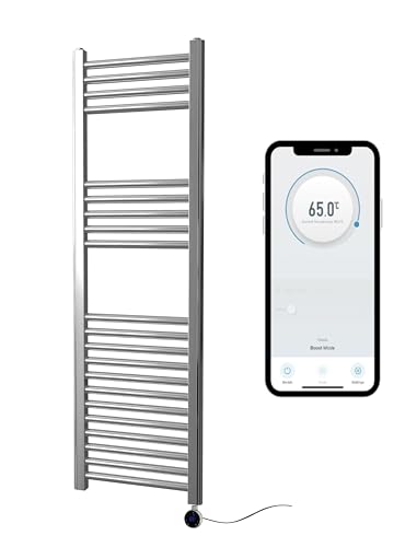 Greened House Chrome Electric Smart WiFi Controlled Heated Towel Rail 400mm W x 1200mm H Flat 7 Day Programmable Timer App Compatibility