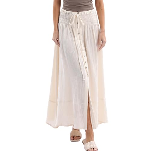 Amazhiyu Womens Cotton Maxi Skirt, Summer Maxi Boho Skirt Pleated A Line Skirts, Flowy Renaissance Skirt with Elasticated Waist Button Apricot L