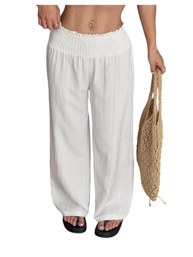 Women's Smocked Wide Leg Lounge Pants Ruffle Trim High Waisted Baggy Palazzo Pants Trousers