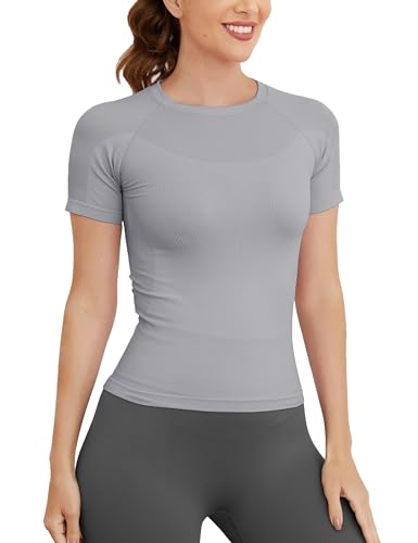 Image of MathCat Short Sleeve Workout Tops for Women, Seamless Women's Compression Shirt, Yoga Running Athletic Shirts Soft Gym Tops