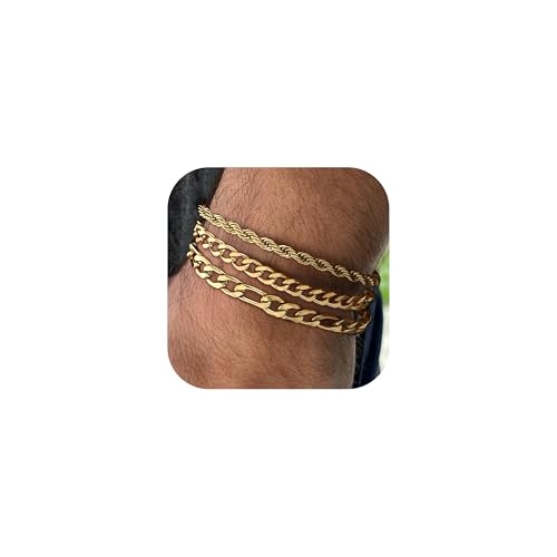 LOYALLOOK 3Pcs Chain Bracelets for Men, 316L Stainless Steel Figaro Rope Cuban Link Bracelet for Men Women 14K Gold/Silver, Gifts for Dad Husband 6.5/7/7.5/8.3/9 Inches