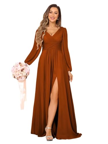 YMSHA Chiffon Pleated Bridesmaid Dresses with Slit Long Sleeve Formal Party Dress with Pockets YMS381