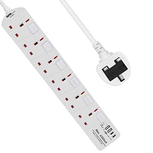 SE UKASE Extension Lead with USB Slots(5V/5A), 6 Way Plug Sockets with Individual Switches USB and Type C