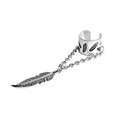 Silver Feather Ear Cuff with Chain - non Piercing - Hand Stamped Hammered Ear cuff - Fake Helix Cartilage Cuff Earrings - Non Pierced Ear Cuff - Cartilage Earrings