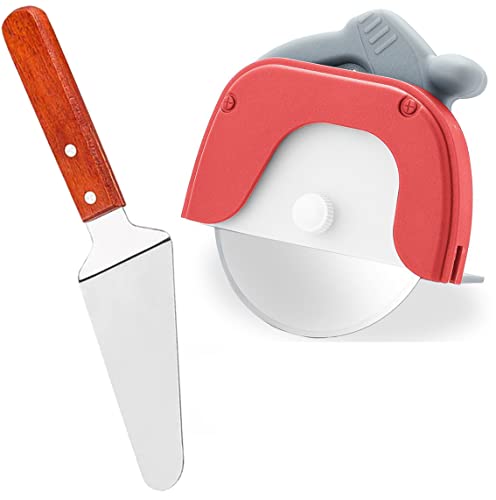 Image of P-Plus International Pizza Cutter and Serving Turner Set - 2-Piece Tool With Wheel and Spatula (Red)