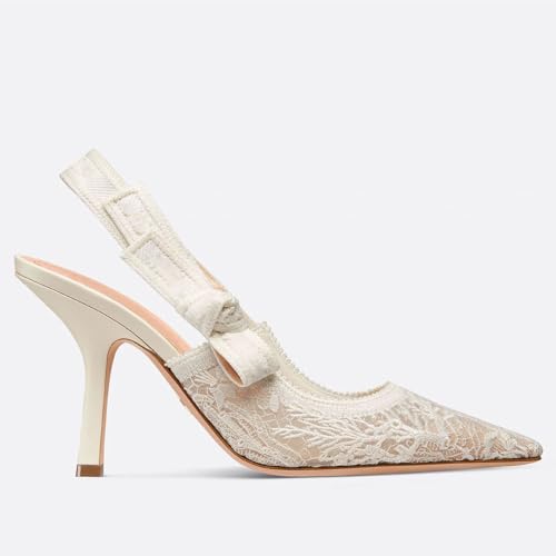 Goolita Pointed Closed Toe Pearl Slingback Heels for Women, Mesh Bow Evening Pump Stiletto High Heels Backless Party Bridal Shoes for Wedding4