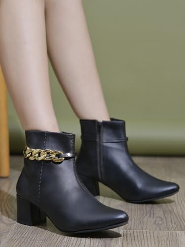 Image of Shoetopia Women's Synthetic Leather Ankle Boots - Stylish Block Heel Zip Closure Boots with Golden Buckle Detail for Casual & Party Footwear