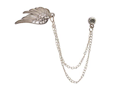Knighthood Silver Angel Wings With Crystal Hanging Chain Lapel Pin/Brooch for Men