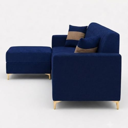 Image of FURNY Signature Regalia 4-Seater L-Shape Sofa Set with Movable Ottoman | Flexible LHS /RHS Layout | Boston Fabric | 40D Foam + Zigzag Spring | 3-Yr Warranty (Midnight Blue & Warm Beige)