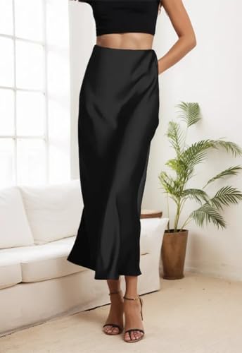 Elegant and Casual Satin High Waist A-Line Midi Skirt with Zipper for Women2