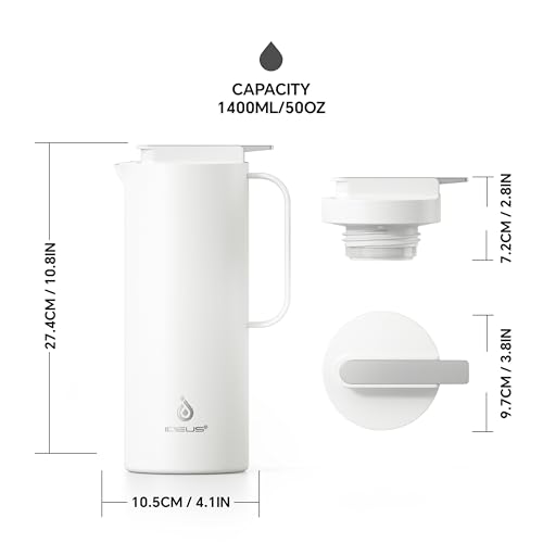 Image of IDEUS Thermal Coffee Carafe 50oz (1,400ml), Stainless Steel Double Wall Insulated Vacuum Flask, Water Jug Coffee Server and Beverage Dispenser, Heat and Cold Retention, White