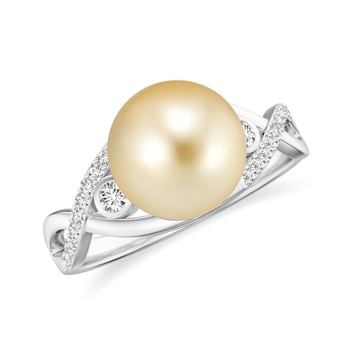 Golden Southsea Pearl Ring Gold Plated Twisted Band Round Button Shape Solitaire Engagement Ring for Women in 925 Sterling Silver Moissanite Anniversary Ring Birthstone Jewelry