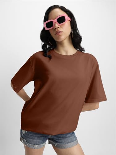 Image of JUNEBERRY Pure Cotton Oversized Baggy Fit Half Sleeve Drop Shoulder Plain Solid Round Neck T-Shirt for Women (Available in Black, White, Lilac, Cork, Maroon, Royal Blue, Swan White, Soap Nut Colors)