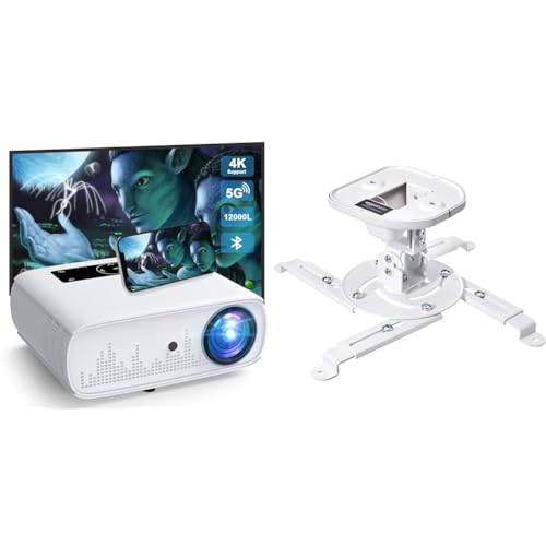 Proiettore WiFi Bluetooth- 12000 Lux 1080P Nativo Full HD Proiettori Supporta 4K & Amazon Basics - Supporto a staffa per proiettore, inclinabile, per soffitto e parete, Capacità 15 kg, Bianco