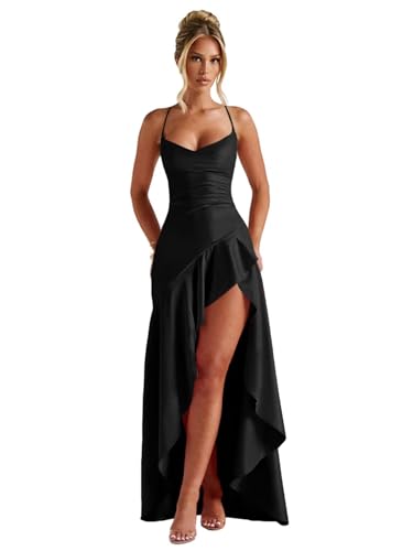 Ruffle Prom Dresses 2025 Corset Satin Bridesmaid Dresses Long Hi-Low Formal Cocktail Gown