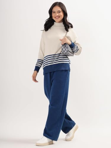 Image of Kvetoo Women Winter Coord Set Wool Blend Tracksuit High Neck Sweater and Wide Leg Pants Warm Knitwear Pyjama Set for Casual Office Travel Wear