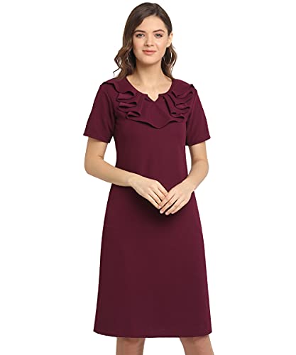 Image of OOMPH! Women's Western & Fusion wear Above Knee /Mid Thigh Length Sheath Red Dress in Lycra Blend Fabric with V Neck and Short Sleeve