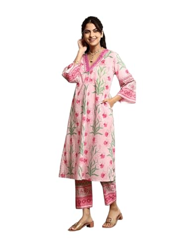 Image of Amazon Brand - Anarva Pure Cotton Kurta Set for Women | Kurti Set | V Neck 3 /4 Sleeve Ethnic Outfit | Cotton Kurta Set for Women | Designer Indian Kurti | Daily Office and Festive Traditional