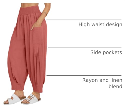 Image of TARSE Women's Linen Wide Leg Pants Baggy High Waist Palazzo Pants | Barrel Leg Fit, Harem Patch Pockets, Loose Casual Style, Breathable Fabric, Vacation Ready