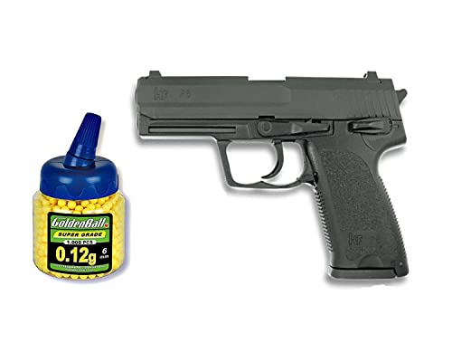 Pack Pistola airsoft HA112 negra metálica. Calibre 6mm. + 1000 Bolas + Funda Portabolas. 62779/21993/23054