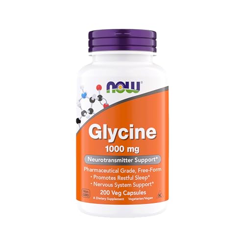 Now Foods Glycine 1000mg Free-Form Pharmaceutical Grade Neurotransmitter Support* Promotes restful Sleep* Gluten Free Vegan Kosher 200 Vegetarian Capsules (Pack of 1)