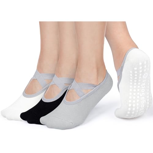 Queenshin Women's Yoga Socks with Non-Slip Grips & Straps Best for Pilates Ballet Dance Hospital Anti-Skid Socks 3 Pairs