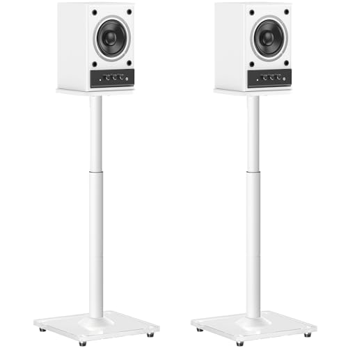 MOUNTUP Universal Speaker Stands Pair 28.3 to 37.4 Height Adjustable Floor Speaker Stands Holds Bookshelf & Large Satellite Studio Speakers Cable Concealing 22LBS Capacity 9.8 Plate White