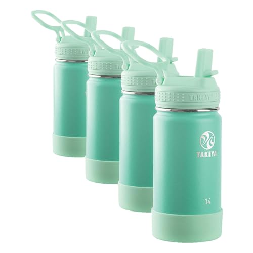 Image of Takeya Actives Kids Water Bottle 14 oz Stainless Steel Double Wall Insulation BPA-Free Leakproof Straw Lid Easy Carry Handle Reusable Ideal for Boys and Girls, School, Sports - Seafoam (Pack of 4)