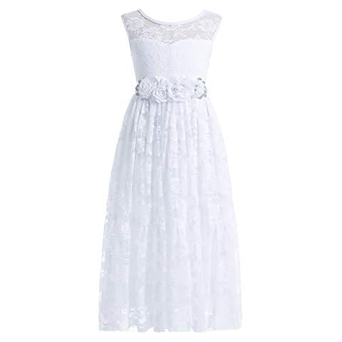 Weileenice Boho Flower Girls Dress Ribbon Belts Wedding Bridesmaid Ball Gown Big Girl Dedication Baptism Communion Lace Formal Long Dresses White 8-9 Kids Birthday Party Gowns Accessory Sash Holiday Cover
