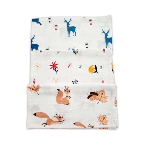 Image of Tinylane 100% Cotton Printed Swaddle Wrap for Newborn Baby | Soft & Breathable Muslin Blanket, 90 x 90cm, Skin-Friendly | for 0-2 Years | Pack of 3 (Brown Squirrel, Orange Daisy, and Blue Deer)