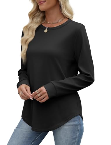 Image of WIHOLL Sweatshirt for Women Crewneck Long Sleeve Shirts Curved Hem Lightweight Sweaters Fall Clothes 2025
