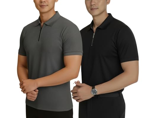 Image of MACK JONNEY Men's Cotton Self Design Polo T-Shirts | Front Half Zipper | Pack of 2 | Multicolour