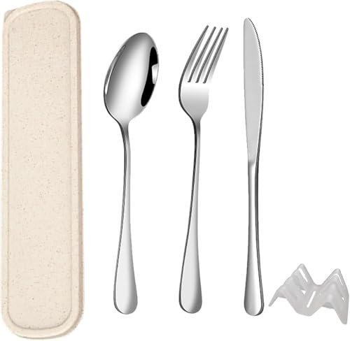QZLSAYSL Couverts Lunch Box de Camping, étui Renforcé avec Boucle, Couvert de Voyage, Le Travail et l'école, Lavable au Lave-Vaisselle- 5 pièces (beige)