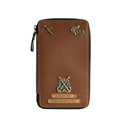 Image of Personalized Leather Passport Holder | Custom Travel Wallet with Zipper, Name & Charm | Durable Genuine Leather Organizer for Travel Documents & Cards (Tan)