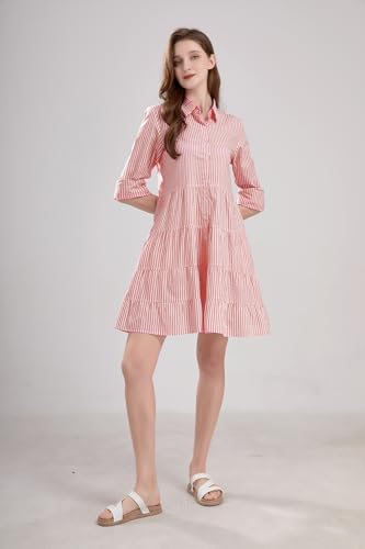 Image of utcoco Womens Striped Button Down Midi Shirt Dress Casual Loose Cuffed Long Sleeve Mid Long Dresses