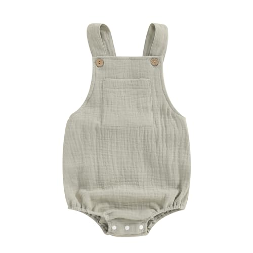 Image of Sasaerucure Baby Cotton Linen Overalls Solid Color Sleeveless Square Neck Backless Romper for Boys Girls