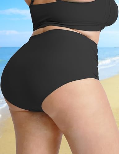 Womens High Waisted Bikini Bottoms Plus Size Full Coverage Swim Bottom Twisted Tummy Control Bathing Suit Only 20254