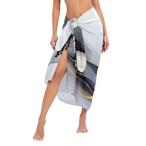 AIXIWAWA Women's Beach Sarong Wrap Skirt Black Golden Marble Print, Sun Protection Bikini Cover-Up for Vacation Pool Party L3