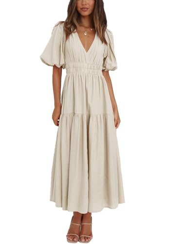 Women's Deep V-Neck Puff Short Sleeve Tiered Maxi Dress Flowy A Line Midi Dresses