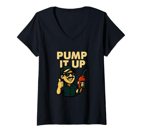 Damen Pump It Up Lustiger Tankstellen-Humor T-Shirt mit V-Ausschnitt