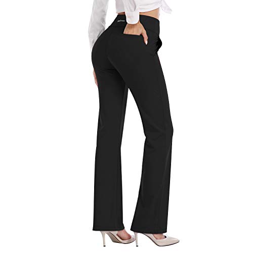 HISKYWIN Womens High Waist Yoga Pants 4 Way Stretch Tummy Control Workout Running Pants, Long Bootleg Flare Pants F205A-Black-L