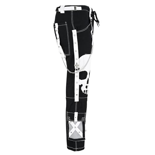 Gothic Punk Pants with Skull Design & Chain Straps – Black and White Alternative Fashion – 100% Cotton3
